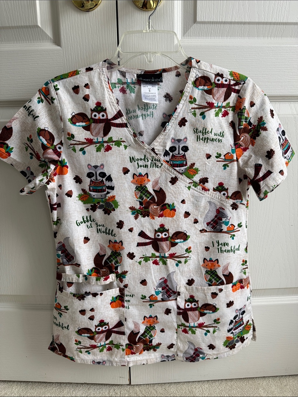 Cherokee  Scrub Top  Fall Animal Print Scrub Top - Cream with Brown & Orange